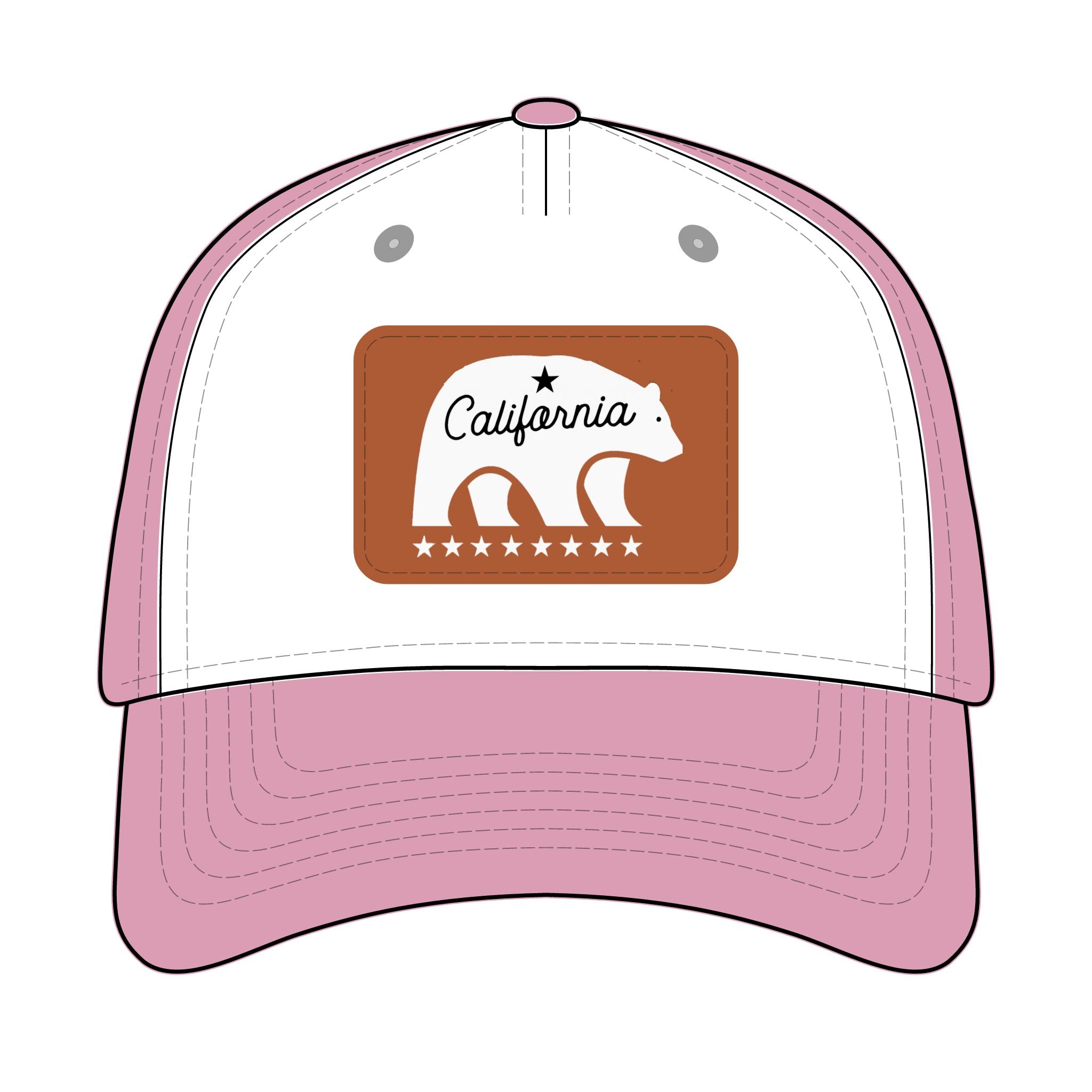 Pink and white cap with California bear logo on a white background